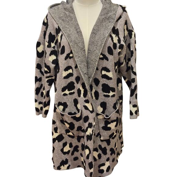Anthropologie FATE Hooded Open Animal Print Cardigan Gray Black Medium Pockets - Picture 1 of 9